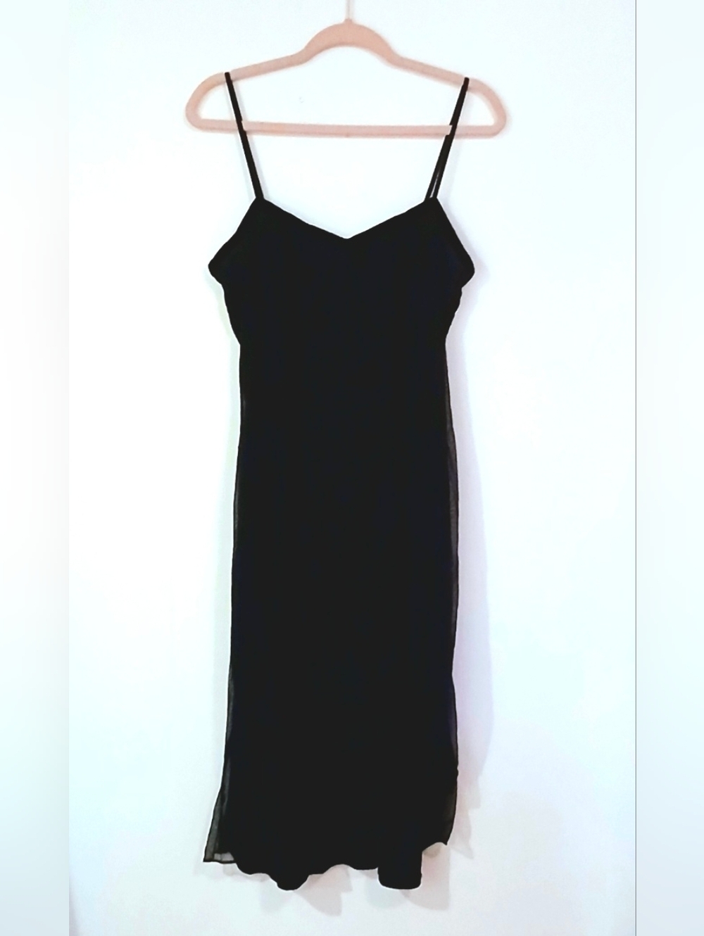 Vintage Betsey Johnson Black Sheer Slip Dress Velvet Trim Midi 90s Grunge M